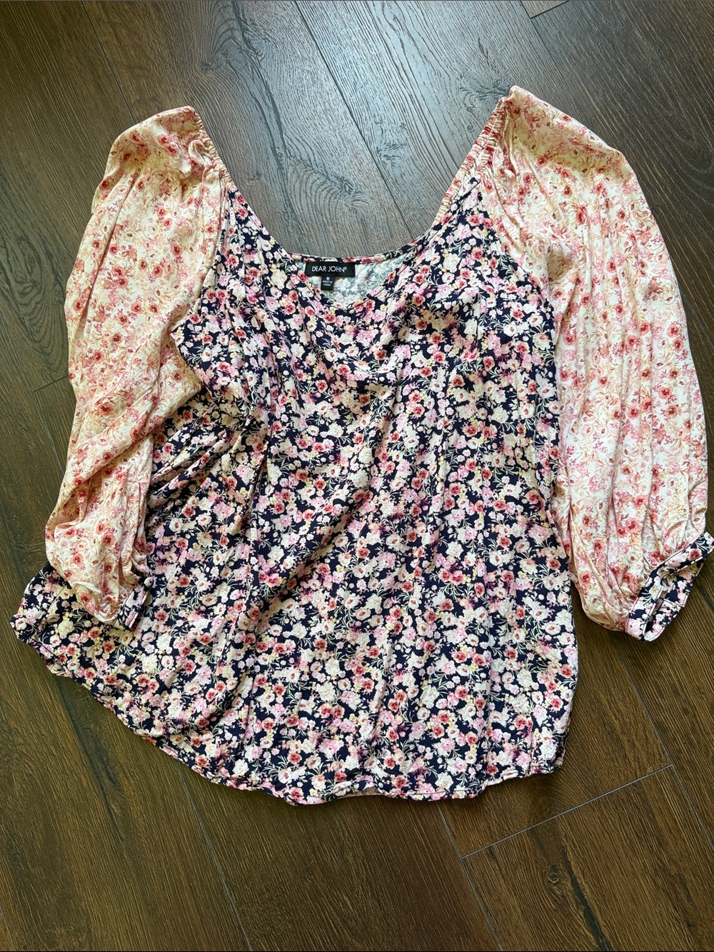 Dear John Navy and Pink Floral Puff-Sleeve Blouse Medium